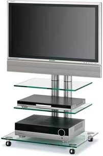 TV-møbel i glas og metal med 3 hylder, drejelig TV-holder, indbygget DVD-afspiller, sølvgrå farve