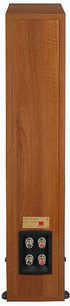 Enceinte colonne Dali ikon 6 en bois clair, vue de face, avec 4 haut-parleurs noirs sur la façade et bornes de connexion