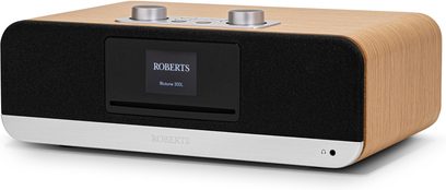 Roberts Blutune 300 Tischradio Kirschholz helles Holzgehäuse schwarze Front zentrales Display silberne Aluminiumbasis