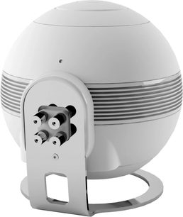 Cabasse The Pearl Sub subwoofer hvit, bakfra, sfærisk design med sølvfarget ring og festebrakett