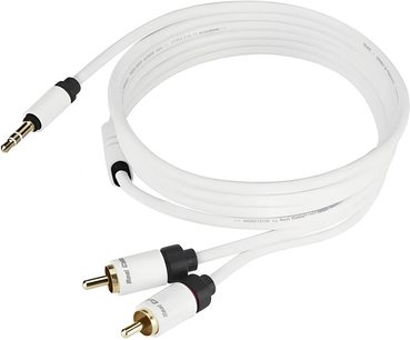 Câble audio blanc en PVC avec jack 3,5 mm vers deux fiches RCA mâles à embouts dorés, vue de dessus