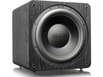 SVS SB-2000 Pro svart ask subwoofer, frontvisning, mørk trekabinett, svart rund høyttaler i midten, SVS-logo