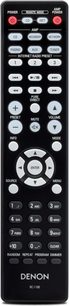 Sort Denon RC-1196 fjernbetjening med runde grå og røde knapper, LCD-skærm, numerisk tastatur og navigationshjul