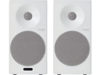 Coppia di diffusori Tangent Spectrum II X5 bianchi, vista frontale, con griglie rotonde in metallo perforato