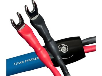 Lautsprecherkabel Cardas HP Clear, zwei rote und schwarze Leiter, 4-Wege-Gabelung, schwarze Ummantelung, auf weißem und blauem Hintergrund