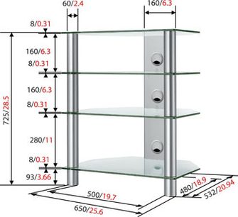 Vogel's DAU 65 hi-fi møbel i glas og metal, 4 hylder, detaljerede dimensioner i mm, set forfra og fra siden