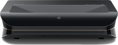 AWOL Vision LTV-3000 Pro videoprojektor i antracit-sort plast med mat finish, set forfra, med indtrukket rillet top, central horisontal gennemsigtig stribe og bredt nedre ventilationsgitter