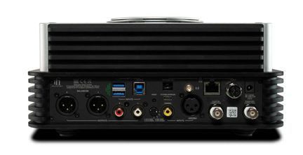 Arrière du DAC audiophile iFi Phantom avec connectique XLR, RCA, USB, coaxiale, AES/EBU et réseau sur boîtier noir
