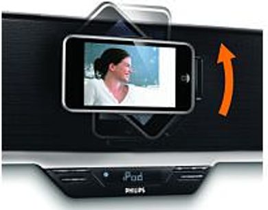 Philips DC-910 dockingstation med skærm, der viser en kvinde, orange pil peger mod skærmen, set forfra