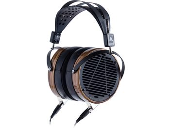 Sluchátka Audeze LCD-3 zebrano otevřená, kruhové proužkované měniče, černý oblouk a polštářky, odnímatelný pletený kabel