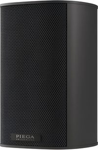 Piega Ace 30 black bookshelf speaker, compact cabinet with curved front and honeycomb grille, three-quarter view