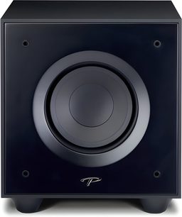 Subwoofer Paradigm Defiance V8 nero satinato, vista frontale, forma cubica, altoparlante circolare centrale, griglia nera rimovibile