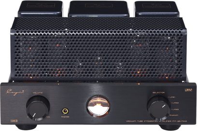Amplificator stereo integrat cu tuburi Cayin MT-35MK2 Bluetooth, negru metalic, vedere din față, fațadă periată cu buton mare de volum în stânga, vu-metru central, mufă pentru căști, selector rotativ în dreapta și grilaj metalic perforat de mari dimensiuni care protejează lămpile