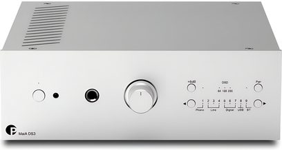 Integrerad stereoförstärkare Pro-Ject MaiA DS3 silver, framifrån, stilren front med stor central knapp och display till höger
