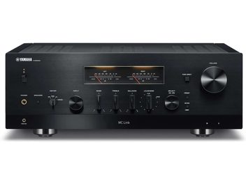 Ampli hi-fi stereo Yamaha R-N2000A černý, pohled zepředu, černý panel s tlačítky, konektory a 2 retro osvětlenými VU-měry