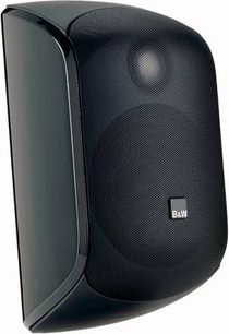 Kompakt sort Bowers & Wilkins MT-10 højttaler, tæt forfra, afrundet form, sort gitter på forsiden