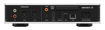 Compatto chassis audio in metallo argentato, pannello posteriore nero con vista completa, uscite analogiche RCA e XLR, ingressi digitali coassiale, ottico, HDMI, USB‑B, USB‑C ed Ethernet, alette di dissipazione laterali e presa di alimentazione IEC