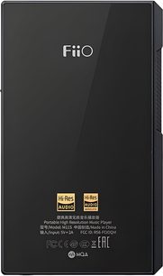 FiiO M11s sort audiophile-afspiller, bagside i skinnende glas indrammet af metal og set bagfra, med sølvfarvet FiiO-logo øverst og to gyldne Hi-Res Audio-mærkater nederst