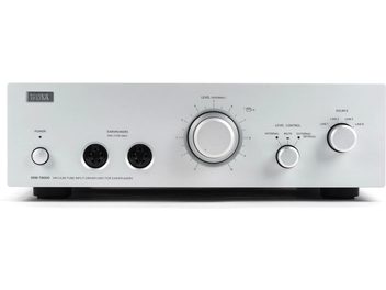 STAX SRM-T8000 hõbedane peakomplekti eelvõimendi, esivaatest, pöördnupud, peakomplekti ja sisend-/väljundpesad, tasemenäidik