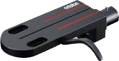 Ortofon LH-6000 galviņas turētājs, perspektīvas skats, melns apdare, 2 ovālas spraugas, 2 paralēlas sarkanas līnijas, cilindrisks savienotājs