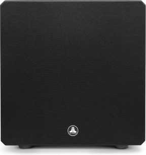 Субуфер JL Audio E-Sub e112 с черен лак, изглед отпред, кубична форма, черна текстилна решетка, сребристо лого в центъра