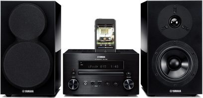 Yamaha MCR-550 mini-stereoanlæg i sort, 2 højttalere, hovedenhed med LCD-skærm, iPod/iPhone-dock, CD-afspiller
