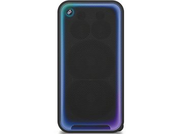 Bærbar svart Sony ULT TOWER MAX Bluetooth-høyttaler, sett forfra, med gitter og blåfiolett belysning