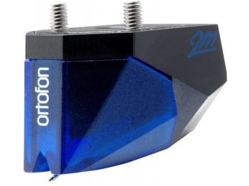Cápsula de gira-discos Ortofon 2M Blue Verso, corpo preto e azul, diamante, fios de cobre, fundo branco