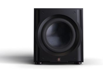 Subwoofer Perlisten R10s, vooraanzicht, matzwarte behuizing, centrale ronde luidspreker met getextureerd membraan, zichtbare voetjes