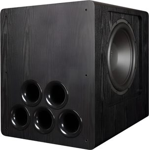 Tonewinner SW-D8000 sort subwoofer, kabinet i træ med sidehøjttaler og fire runde basreflekshuller på fronten