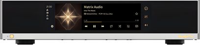 Matrix Audio MS-1c võrguaudiopleier hõbedane, esivaade suure musta ekraaniga alumiiniumkorpusel
