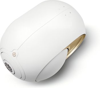 DEVIALET Phantom Ultimate 108 dB Opéra de Paris Lautsprecher, glänzende weiße Schale aus glattem Material, goldene Akzente, 3/4-Ansicht