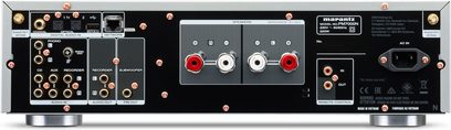 Wzmacniacz hi-fi stereo Marantz PM7000N w kolorze srebrno-złotym, widok z przodu, przednia ścianka z gniazdami, przyciskami i wyświetlaczem