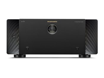 Marantz AMP 20 multikanals effektforstærker i mat sort metal, set forfra, rektangulær og stilren front med centralt cirkulært VU-meter, tænd/sluk-knap til venstre og dimmer-knap til højre, teksturerede sidepaneler og cylindriske fødder