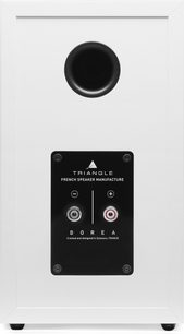 Enceinte Triangle Borea BR02 blanc. Caisson blanc rectangulaire vertical. Haut-parleur circulaire noir en façade. Panneau de contrôle noir en bas avec boutons et ports