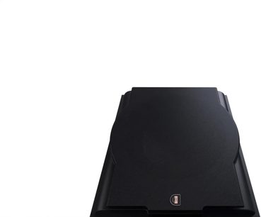 Perlisten R12s subwoofer, bovenaanzicht, zwarte textuurafwerking, logo onderaan, rechthoekige vorm met afgeronde hoeken