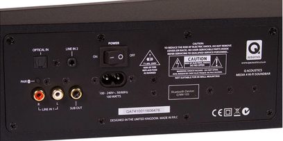 Q Acoustics Media 4 black soundbar, rear view, audio and power connectors, switch, warning label