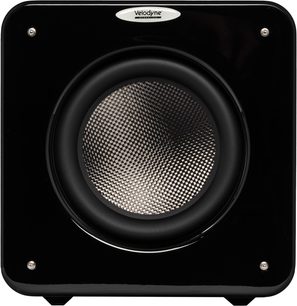 Velodyne MicroVee X subwoofer i sort højglans set forfra med central højttaler med mørkt gittermønster