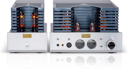 Preamplificatore per cuffie Cayin HA-6A MK2 argento in alluminio spazzolato, vista frontale, tubi sotto griglie, VU-meter, prese e grande manopola