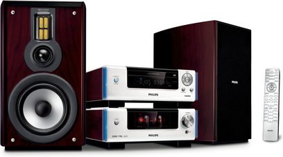 Equipo de música Philips MCD908, madera oscura, altavoces, unidad central, pantalla azul, paneles frontales plateados, control remoto