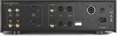 Phono-forforstærker til pladespiller Gold Note PH-1000 lite sølv bagside med RCA-, XLR-, phono-porte og strømforsyning