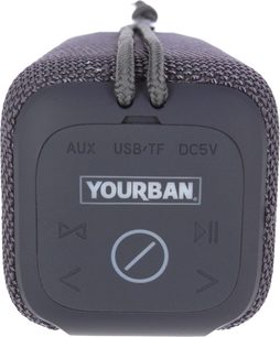 Cassa bluetooth Yourban Getone 40, vista frontale, tessuto grigio, pulsanti di controllo, porte AUX, USB/TF, DC5V, cavo intrecciato