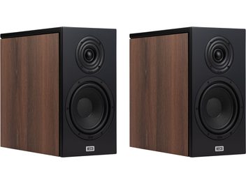 Boekenplankluidsprekers Heco AURORA XT 300 notenhout, voor- en zijaanzicht, rechthoekige behuizing met houtafwerking, zwarte voorkant, 2 ronde luidsprekers
