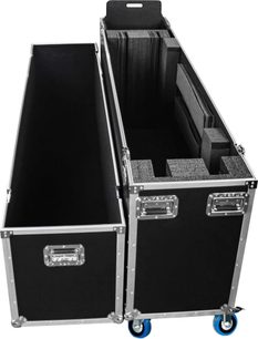 Power Acoustics Flight 75/85 çift ekran taşıma kasası, siyah, açık, iç destekler ve mavi tekerleklerle