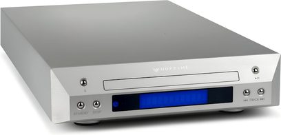 Nuprime CDT-10 sølvfarget CD-spiller sett forfra, rektangulær form, sølvfarget frontpanel med blått display og kontrollknapper