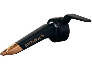 Celulă pentru pick-up DJ Ortofon Concorde Elite, carcasă neagră mată, vârf de citire auriu, vedere laterală pe fundal alb