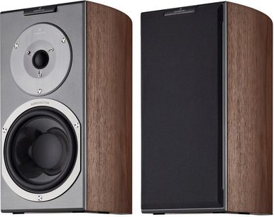 AudioVector R1 Signature valnøddetræ bogreolhøjttaler, set forfra og fra siden, mørkt træhus, sorte og sølvfarvede højttalere