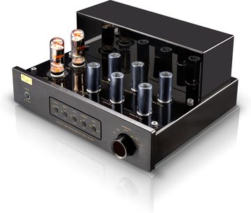 Cayin CS-6PH svart high-fidelity effektförstärkare, borstad metallchassi med synliga vakuumrör ovanpå, rad med små strömbrytare och stor volymratt till höger, vy snett framifrån höger