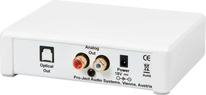 Trådløs sender Pro-Ject BT Box E HD, bagsidevisning, analoge stik i rød og hvid, optisk udgang, strømtilslutning