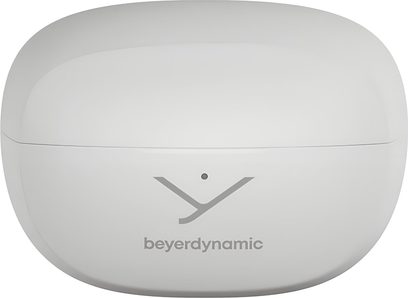 Caixa branca de plástico liso Beyerdynamic Amiron Zero, vista frontal, logotipo e indicador LED centralizados